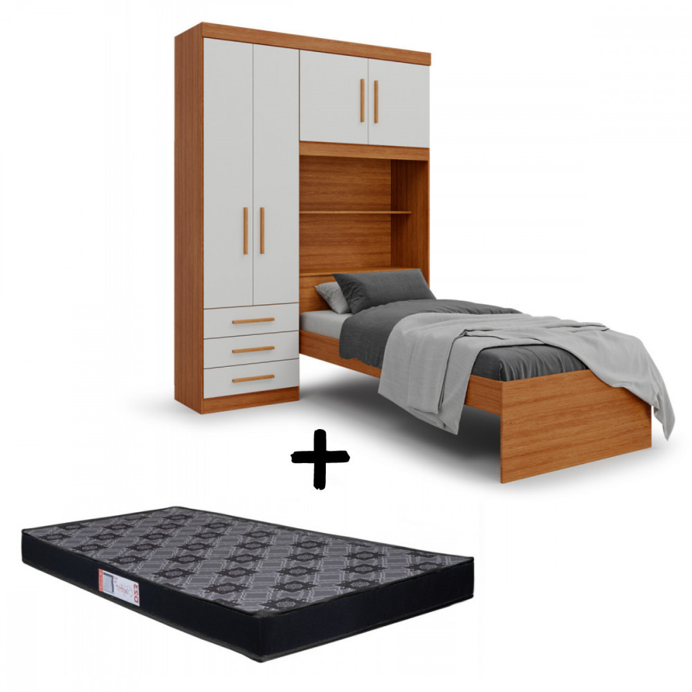 Guarda Roupa Solteiro Turim Cama com Colchão e Cabeceira Bau Freijo Off White Batrol em Oferta na Shopee