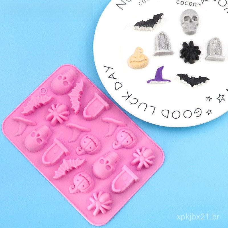 1Pc Molde de Silicone de Halloween com 18 Cavidades Abóbora Fantasma Chapéu de Bruxa Morcego para Molde de Chocolate Doc em Oferta na Shopee