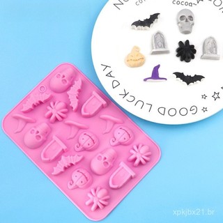 1Pc Molde de Silicone de Halloween com 18 Cavidades Abóbora Fantasma Chapéu de Bruxa Morcego para Molde de Chocolate Doc