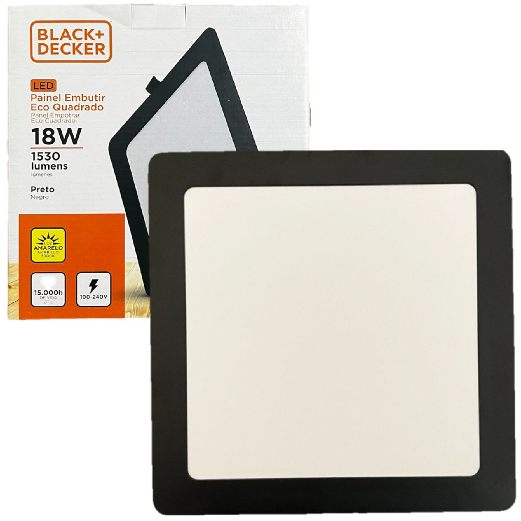 Painel Plafon Quadrado Embutir 18w Preto Branco Quente 3000k