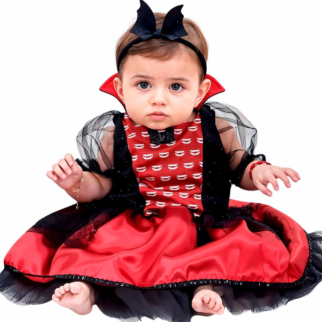 Fantasia Halloween Bebê Menina de Luxo Vampira Com Tiara e Gola Estruturada em Oferta na Shopee