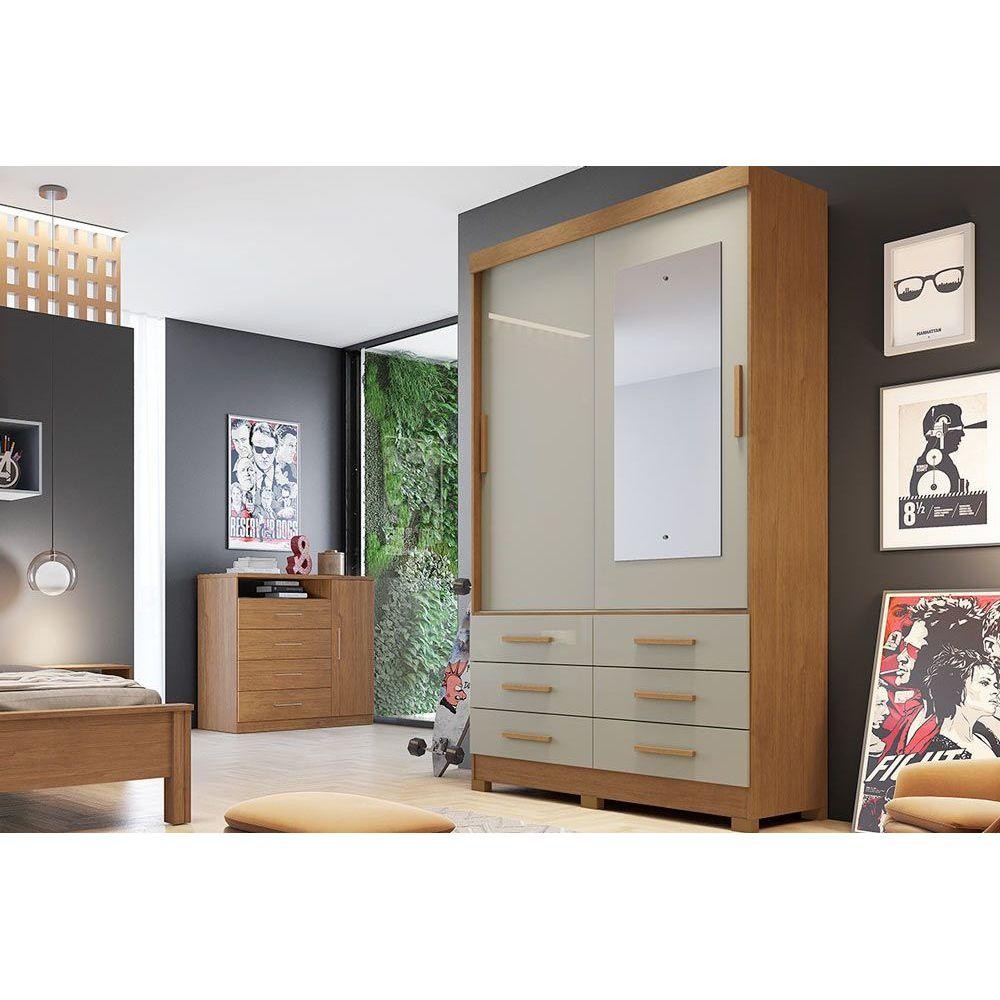 Guarda Roupa Solteiro 2 Portas (1 c/ Espelho) e 6 Gavetas Buriti/Jequitibá Cumaru/Fendi - Novo Horizonte - Home & Living