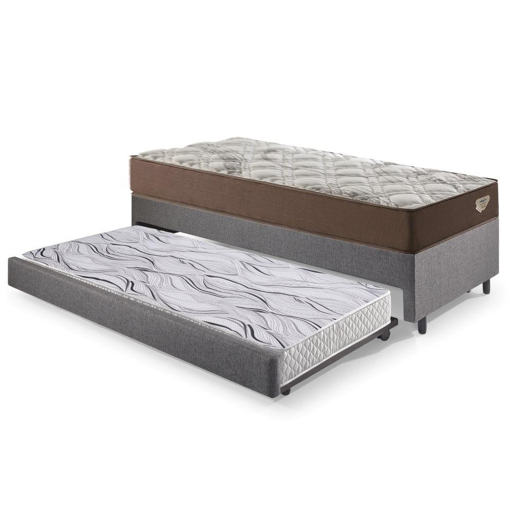 Bicama Box Solteiro Linho Cinza 88x188x28 cm com Colchão Relax Adorabile Molas Ensacadas e Colchão Auxiliar Ecoflex