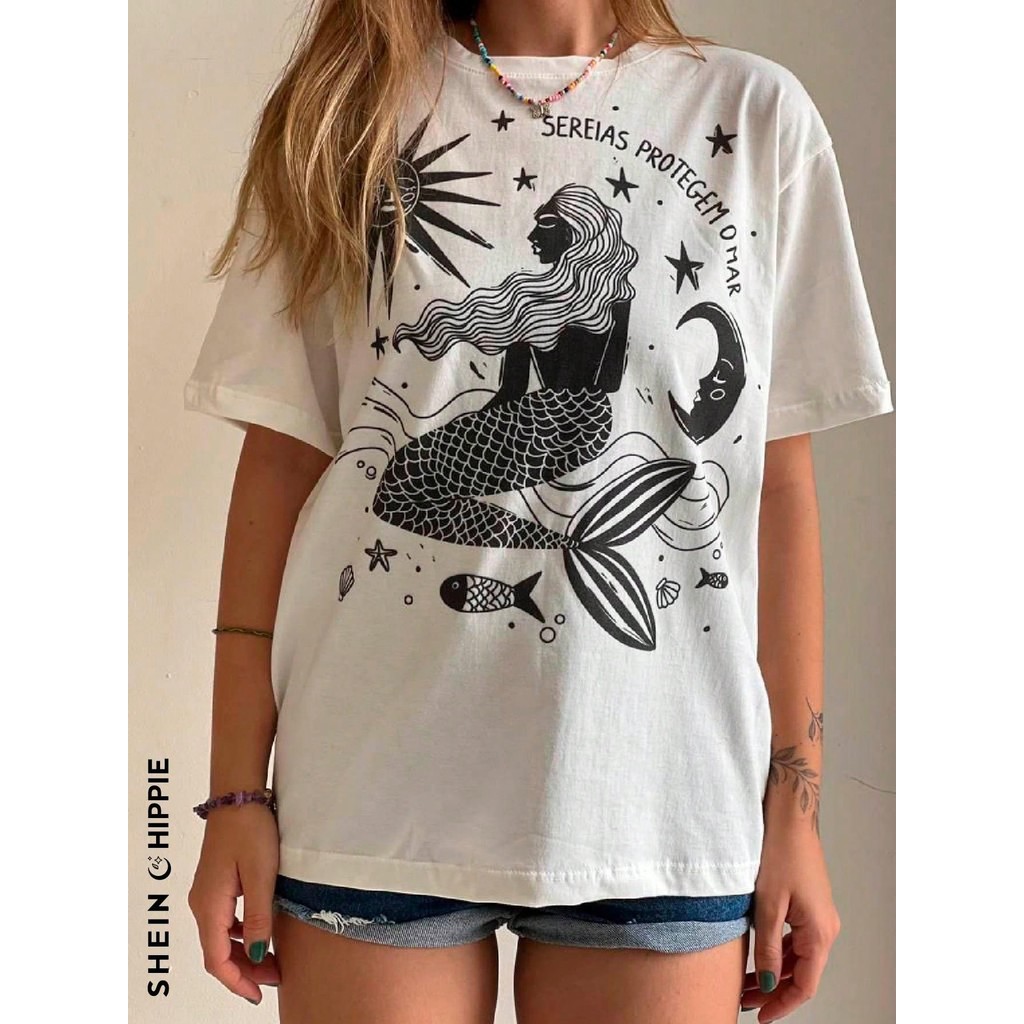 Camiseta Masculina Camisa Unissex Camiseta Sereias Protegem o Mar - Creme blusa feminina  camiseta academia camiseta ani