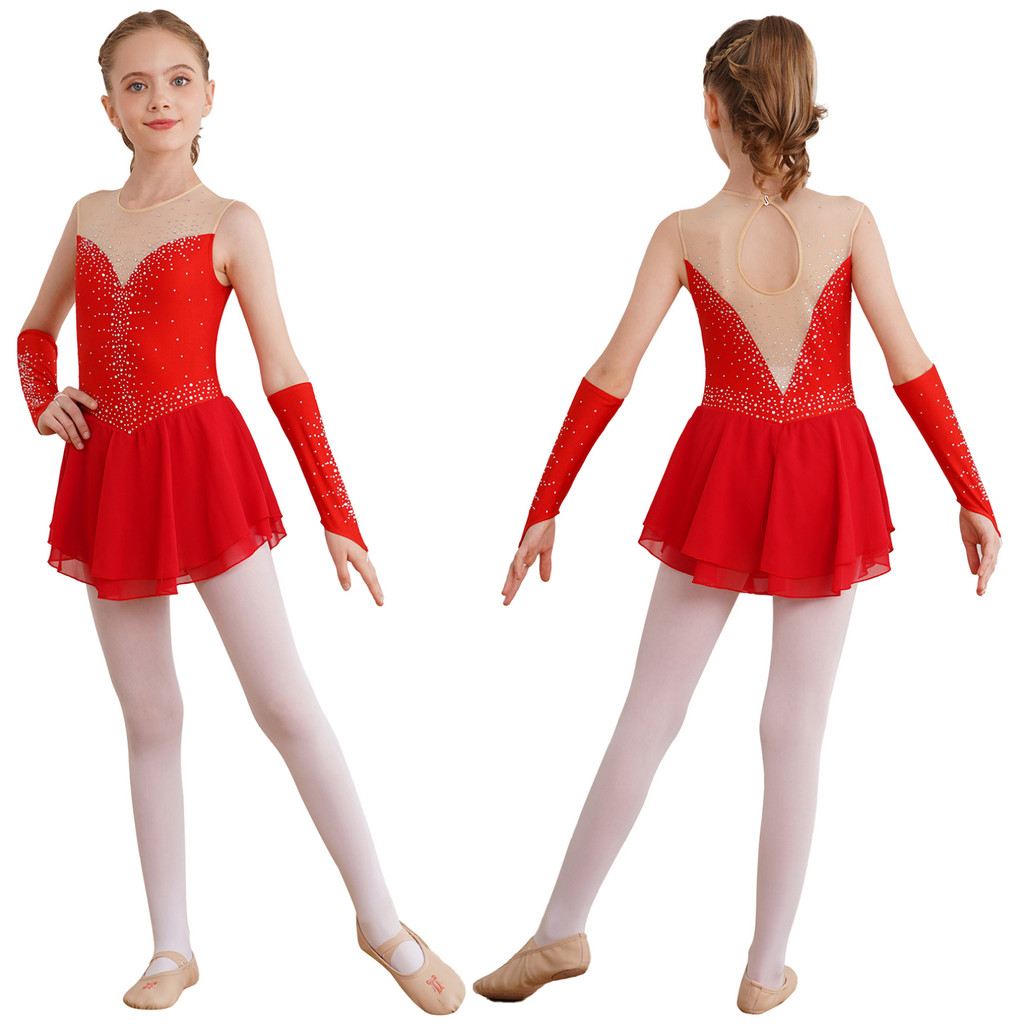 MSemis Crianças Meninas Patinação Artística Palco Desempenho Roupa Brilhante Strass Buraco De Fechadura Volta Sem Mangas