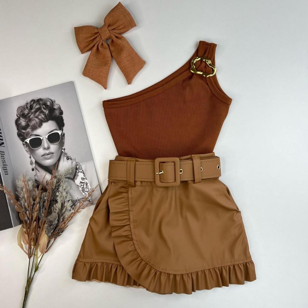 Roupa Infantil Feminina Country Blusa + Short Saia Couro Ecológico Novidade Outono Inverno