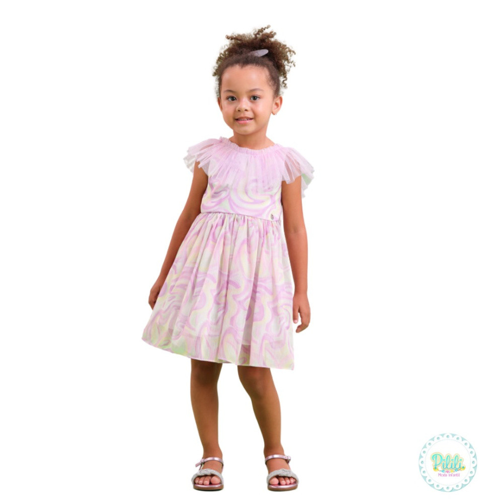 Vestido Infantil Petit Cherie com Babado em Tule e Estampa