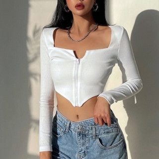 Cropped Manga Comprida Decote Quadrado e Zíper 7062 em Oferta na Shopee