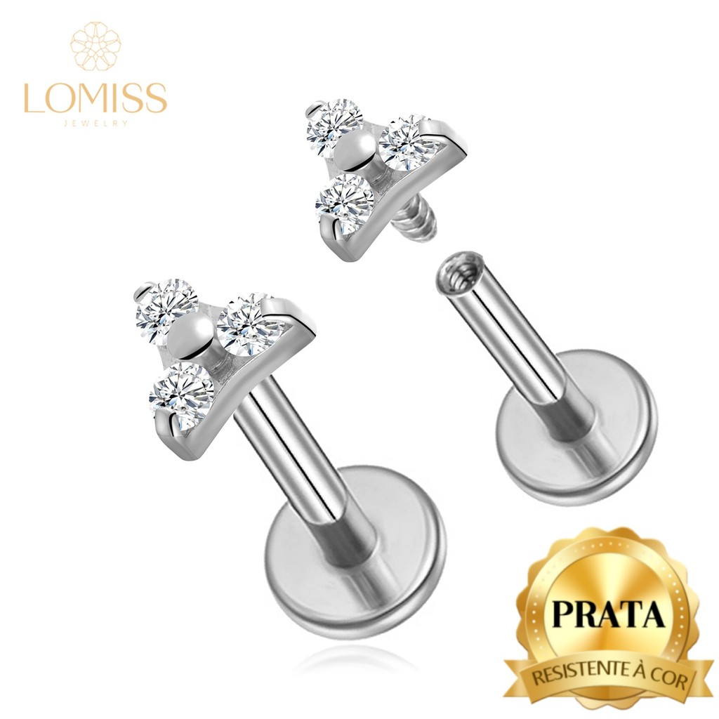 LOMISS Piercing Labret Prata 925 Trinity Zircônia Cravejada Orelha Nostril em Oferta na Shopee