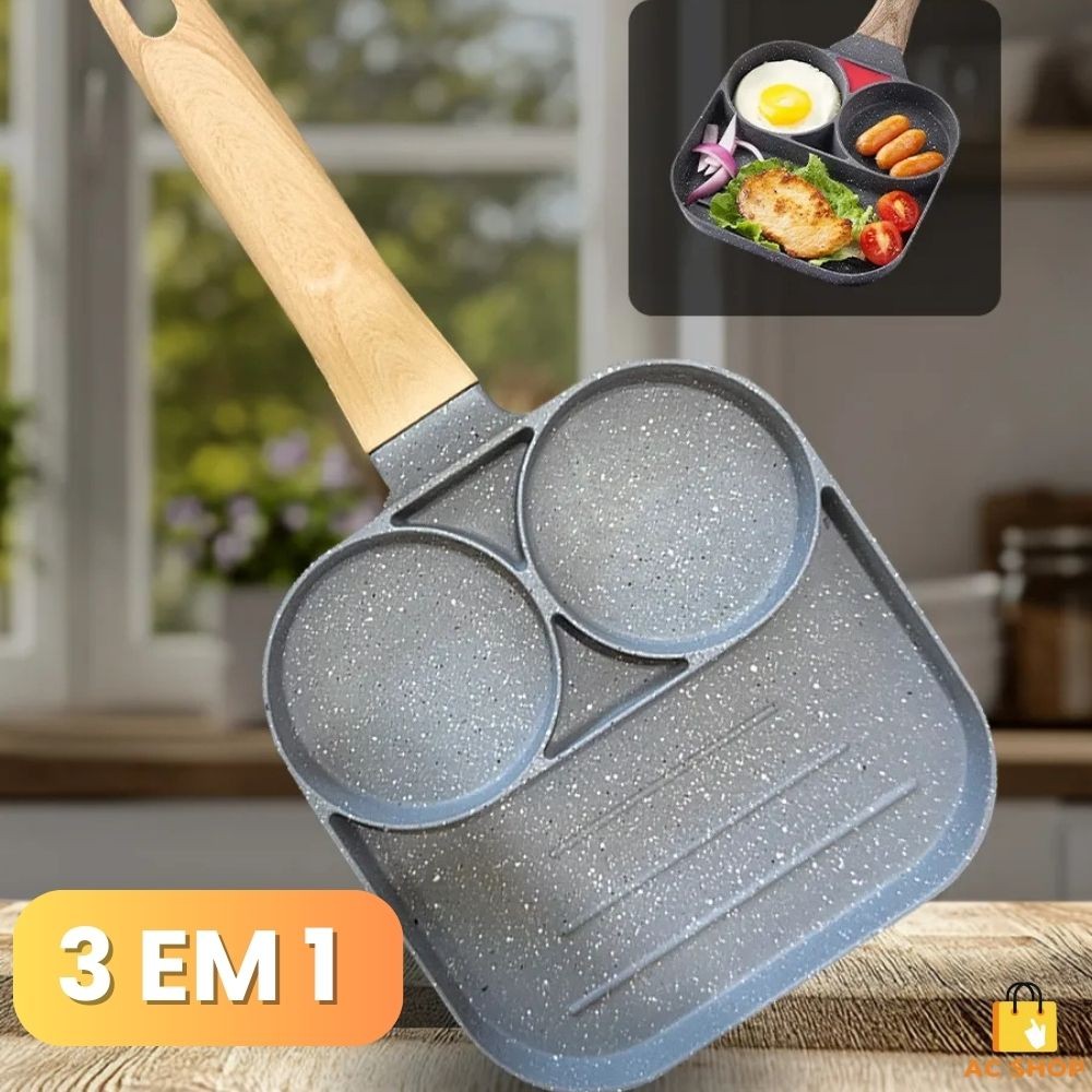 Frigideira Multifuncional 3 em 1 Antiaderente Com 3  Divisórias Não Gruda Alimentos Ovos Bacon Hamburguer Panqueca Bife