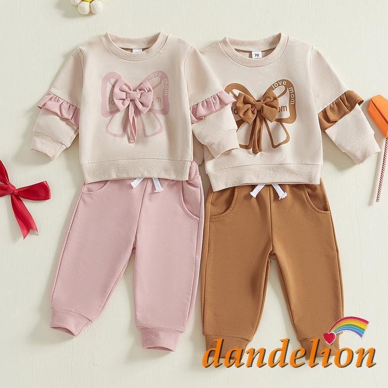 Conjunto De 2 Peças Para Bebês Meninas , Manga Comprida , Gola Redonda , Laço , Moletom Com Cintura Elástica , Roupas De