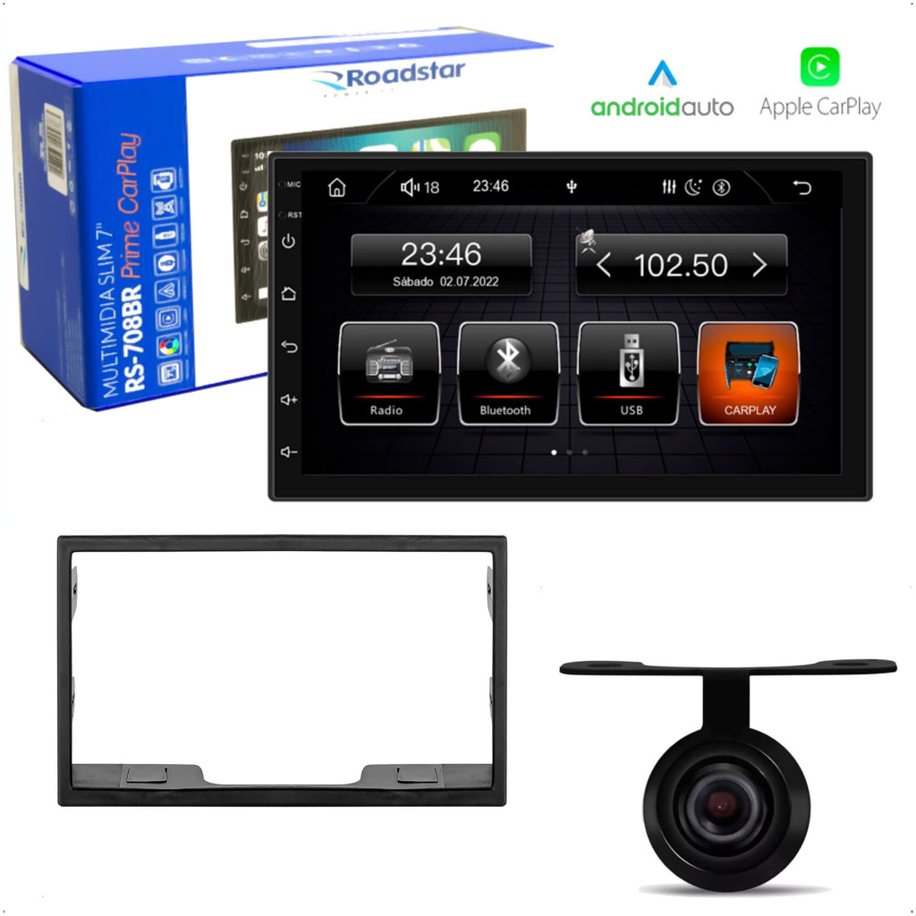 Kit Multimídia Roadstar 7 Pol Touch Carplay Android FM Bluetooth USB Moldura Ecosport Câmera de Ré em Oferta na Shopee