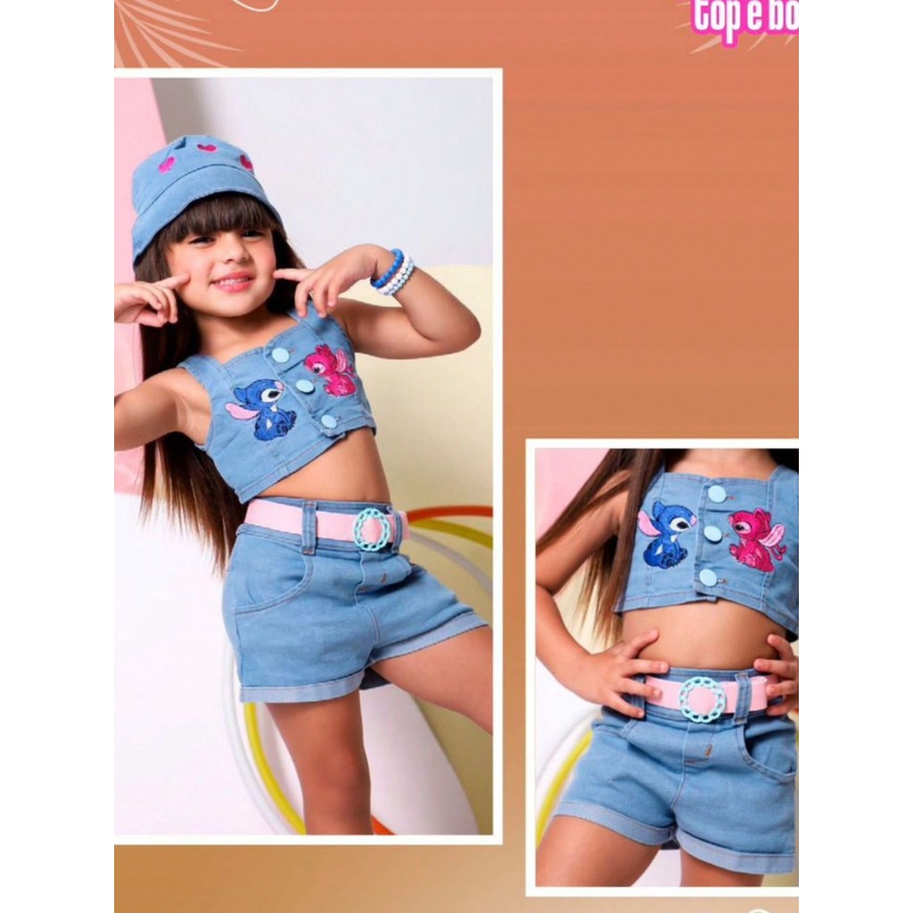 Conjunto Infantil Jeans Short com Cinto, Top Cropped e Boina - Estampa Lilo & Stitch