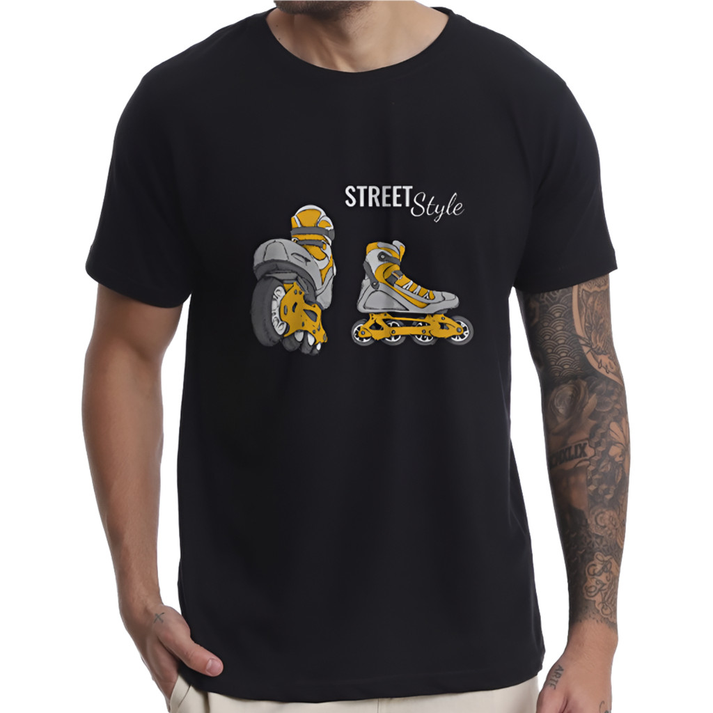 Camiseta Preta Feminina Masculina Patins Roller Amarelo