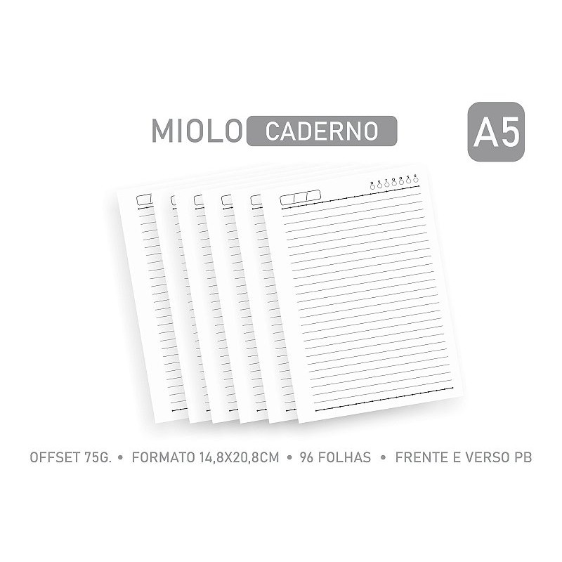 MIOLO PAUTADO A5 PARA CADERNO 96 folhas - OFFSET 75G. 1/1 PB - Embalagem unitária MIOLO PAUTADO A5 PARA CADERNO 96 folhas - OFFSET 75G. 1/1 PB - Embalagem unitária