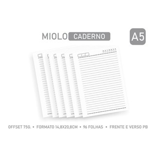 MIOLO PAUTADO A5 PARA CADERNO  96 folhas - OFFSET 75G. 1/1 PB - Embalagem unitária em Oferta na Shopee