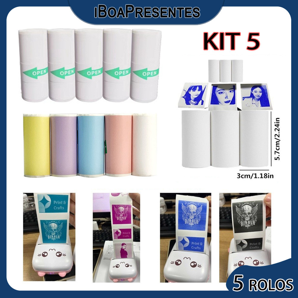 Kit 5 Rolo Papel Adesivo Autocolante Mini Impressora Térmica 57×30mm（7 Metros/rolo）