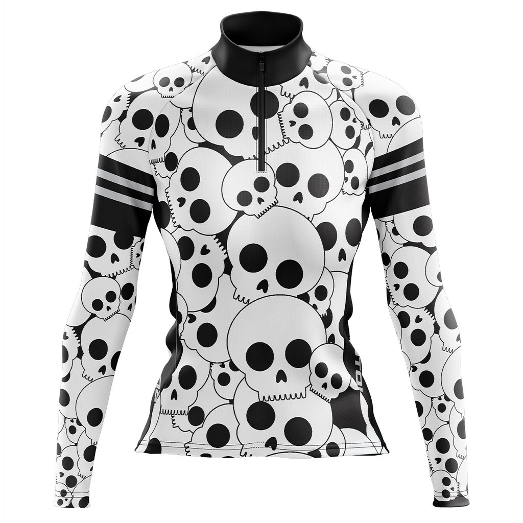 Camisa Ciclismo Mountain Bike Pro Tour Caveiras Branca Feminina Manga Longa Pedalar Ciclista Dry Fit Protecao UV Bolsos