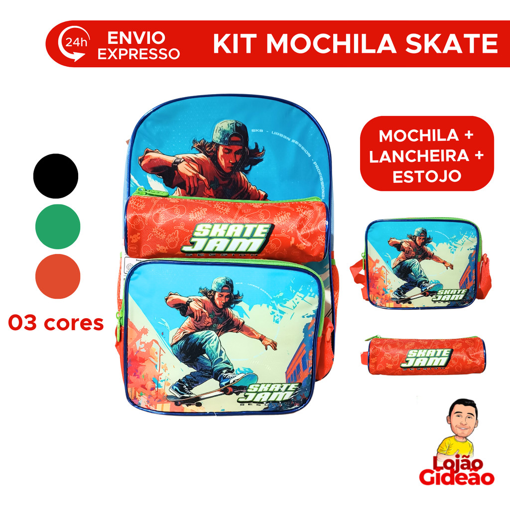 Kit Mochila Com Lancheira E Estojo De Costa Skate Mochila Infantil Escolar Com Alça Para Menino