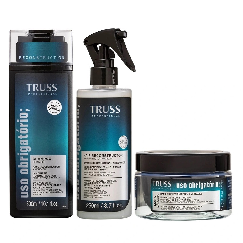 Kit TRUSS Uso Obrigatório Shampoo 300ml + Máscara 180g + Spray Reconstrutor 260ml