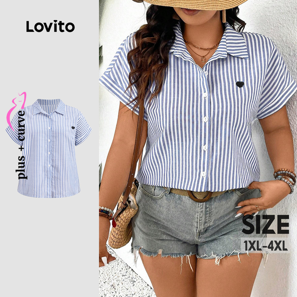 Lovito Blusa Elegante Curva Plus Size Listrada Coração Botão Frontal Primavera E Verão Blusa Para Mulheres LBL22663 - Women Clothes
