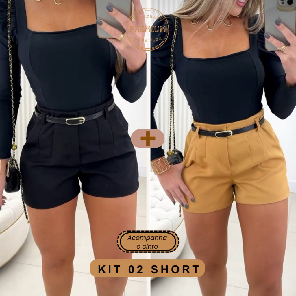 KIT 02 SHORTS ALFAIATARIA FEMININO COM CINTO CASUAL CHIQUE VERÃO 2025 COM BOLSOS E ZIPER NA LATERAL