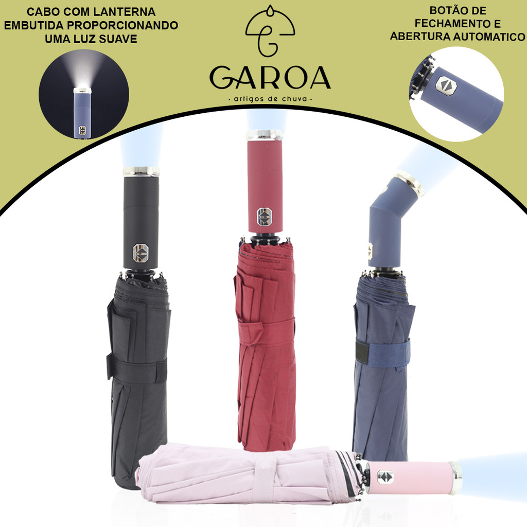 Guarda-Chuva com Lanterna Automático Reforçado Contra Vento Com Proteção Solar Blackout Compacto Cabe na Bolsa e Mochila em Oferta na Shopee