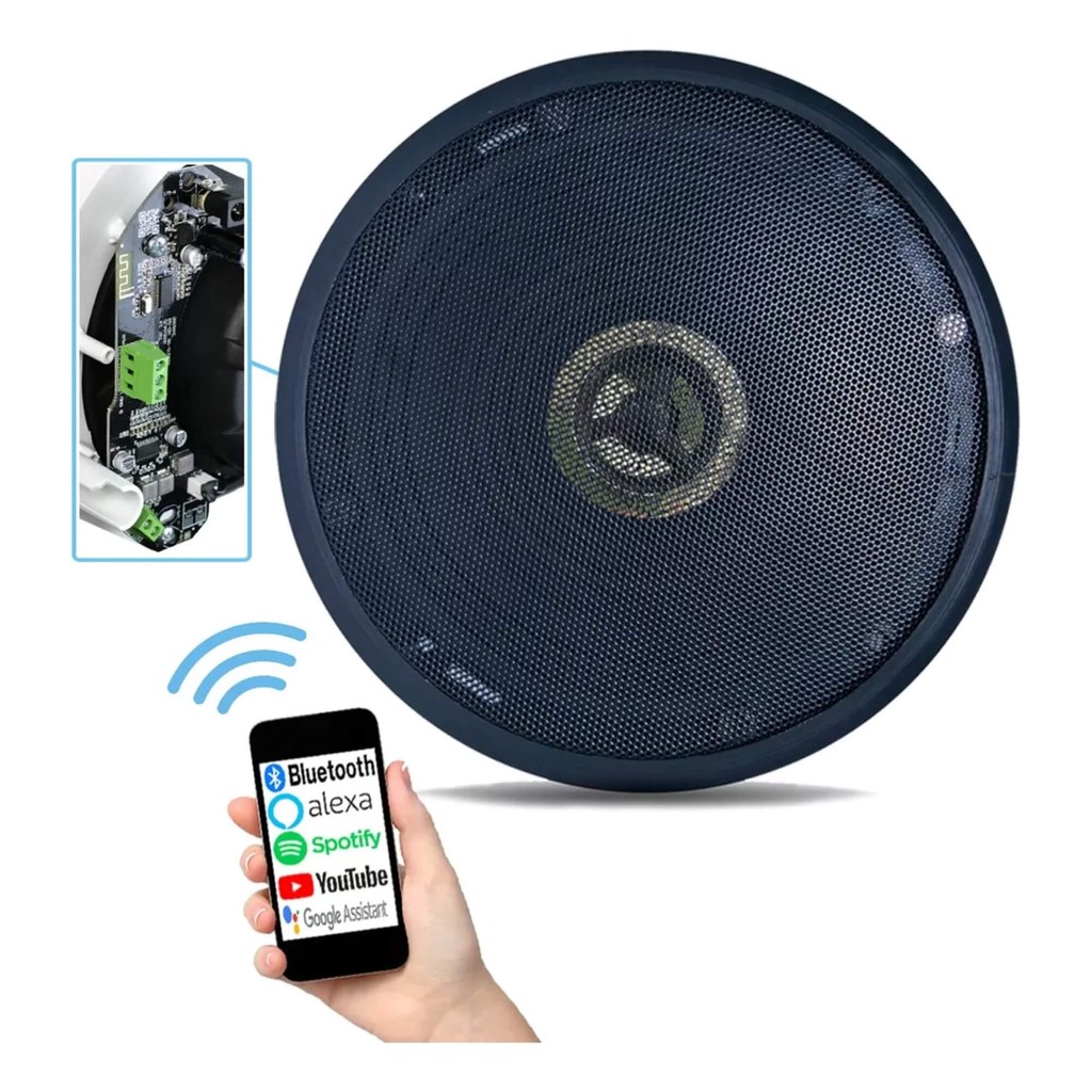 Arandela Ativa Bluetooth Redonda Preta Acústica Teto Som Ambiente c/ Tweeter 6'' Com 70w-2LS0AT78P