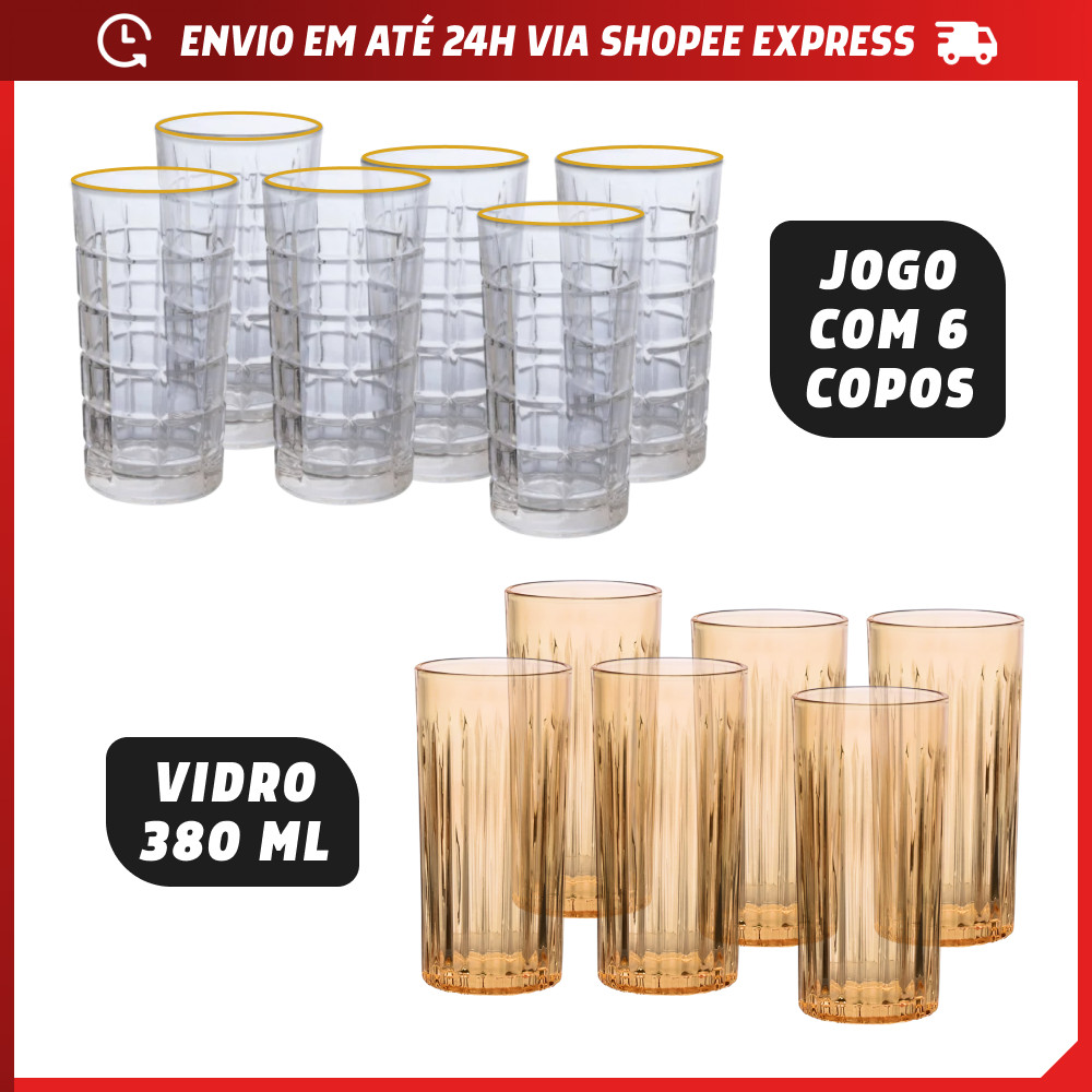 Kit 6 Copo de Vidro Resistente 380ml com Borda Dourada 380ml Luxo Requintado Mesa Posta Ja...