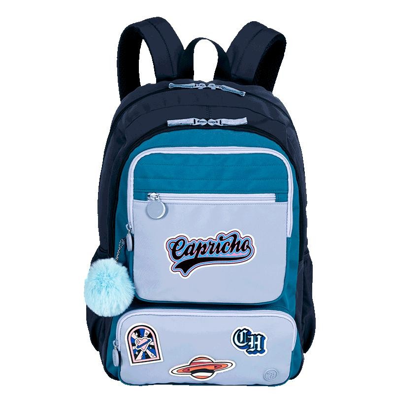 Mochila 2 Compartimentos Capricho Class Cosmic Patches - Azul em Oferta na Shopee
