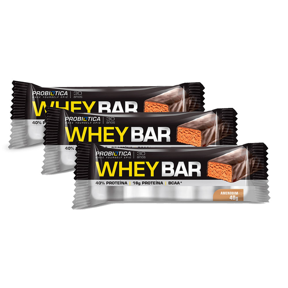 Barra de Proteína Whey Bar High Protein Probiótica Amendoim 40g | Kit com três unidades - Food & Beverages