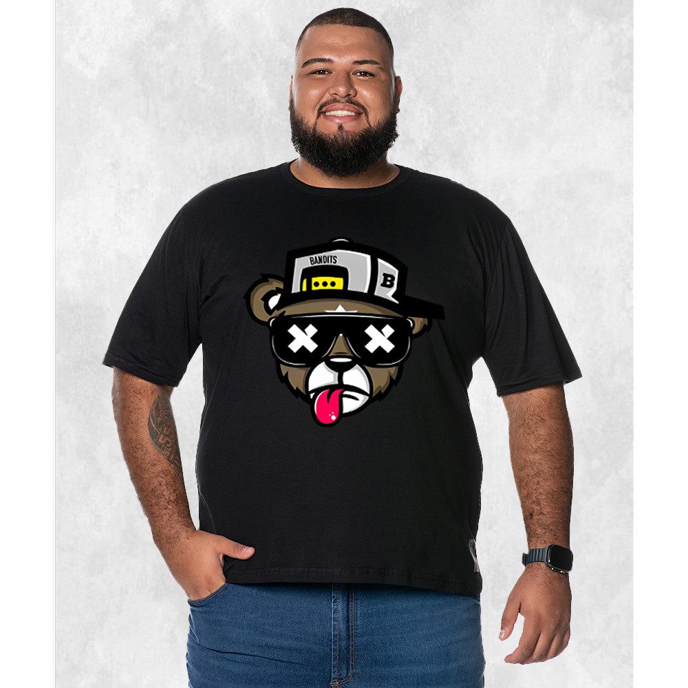 [Camiseta Premium em Algodão Puro]GXG Camiseta Estampada Tamanho Grande Plus Size Urso Boné Bolado