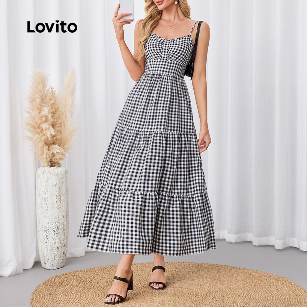 Detalhes do Lovito Vestido Casual de camada em camadas com costura em tecido guingão para mulheres LBL23755
