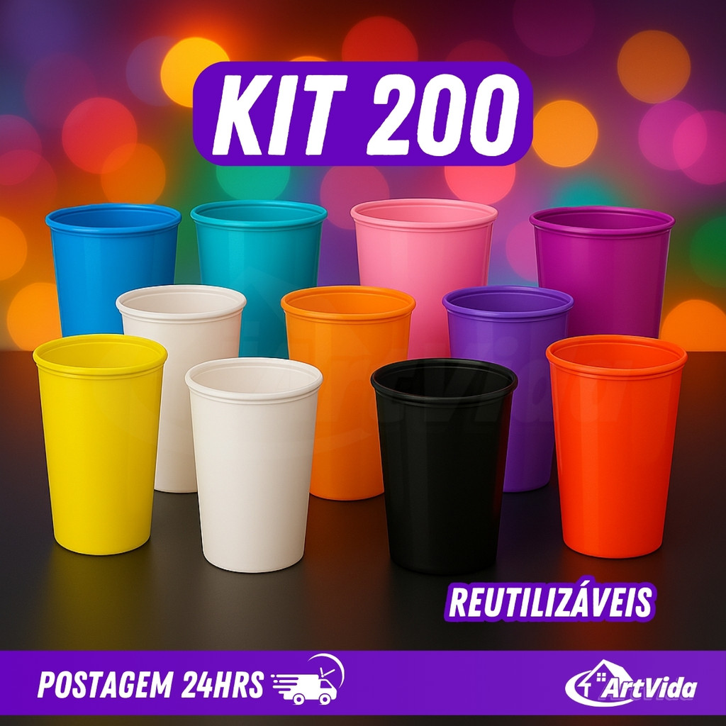 KIT 200 Copos Plásticos 330ml Altos Long Neck Reutilizável Personalize Festas Eventos - ArtVida
