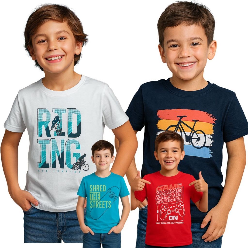 Kit 4 Camisetas Blusas Infantis Masculinas – Estampas Divertidas | Tamanhos 10 ao 16