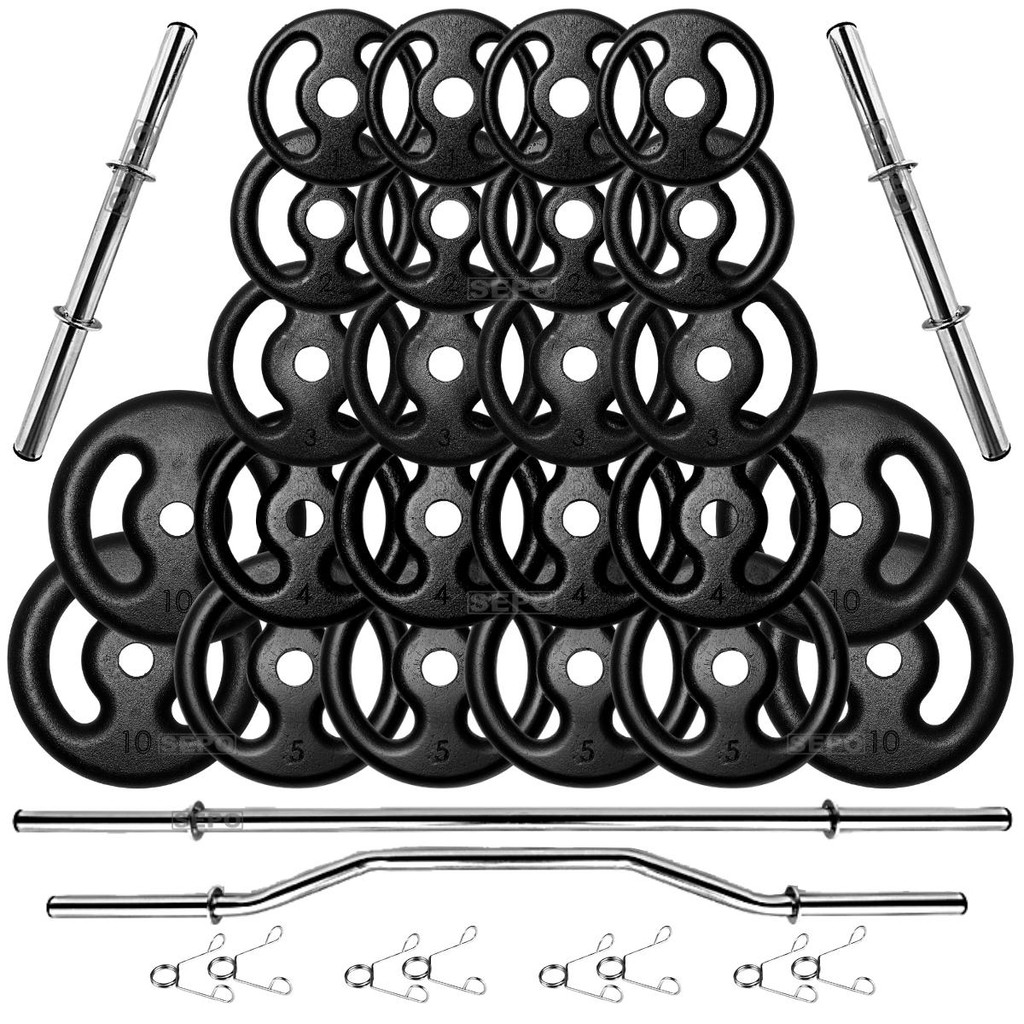 Kit 100Kg Anilhas de Ferro e Barras de 40cm e 1.50m + Barra W 1.20m
