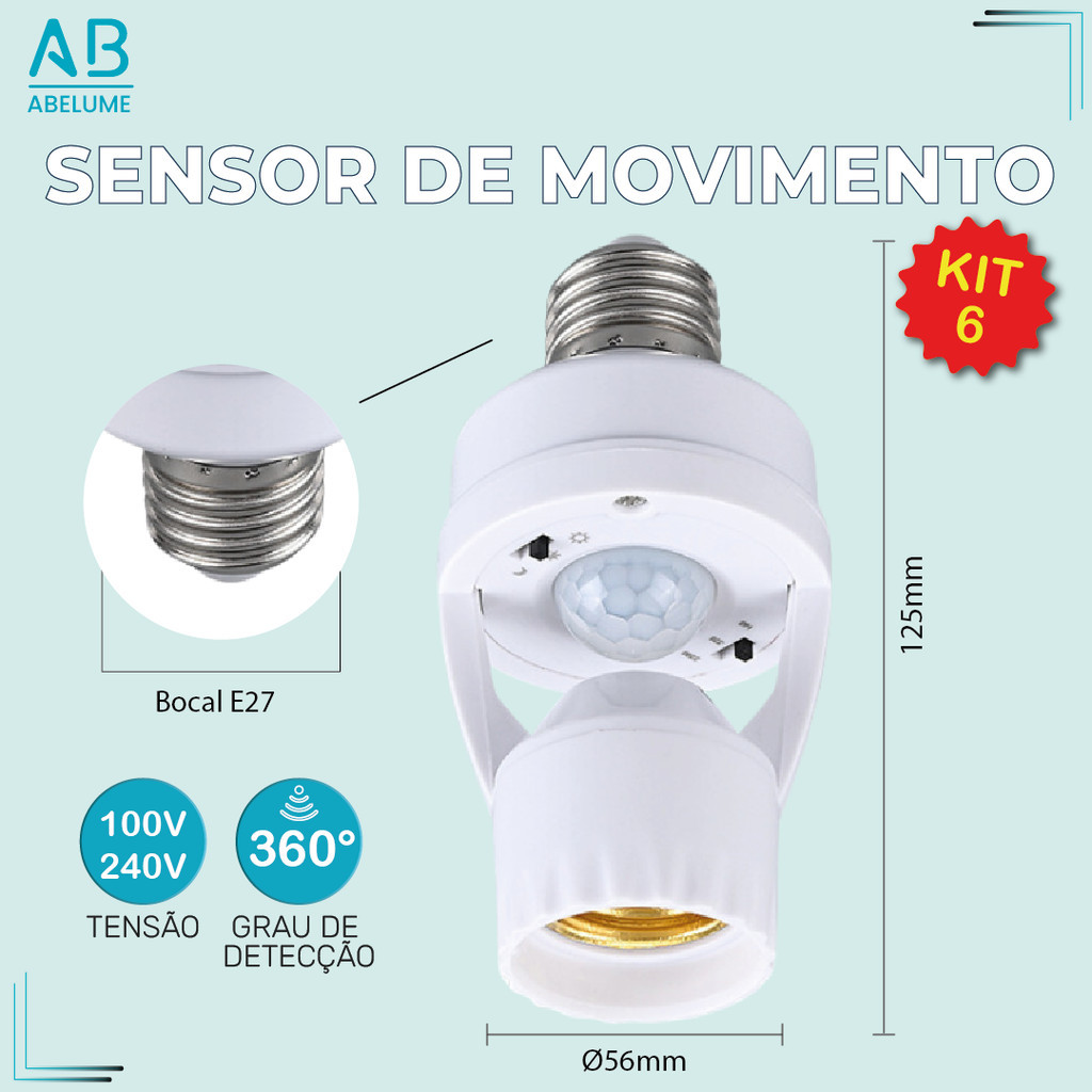 Kit 6 Sensor de Movimento para lâmpada Soquete E27 c/ sensor de presença Bivolt 110V~220V Max 60W