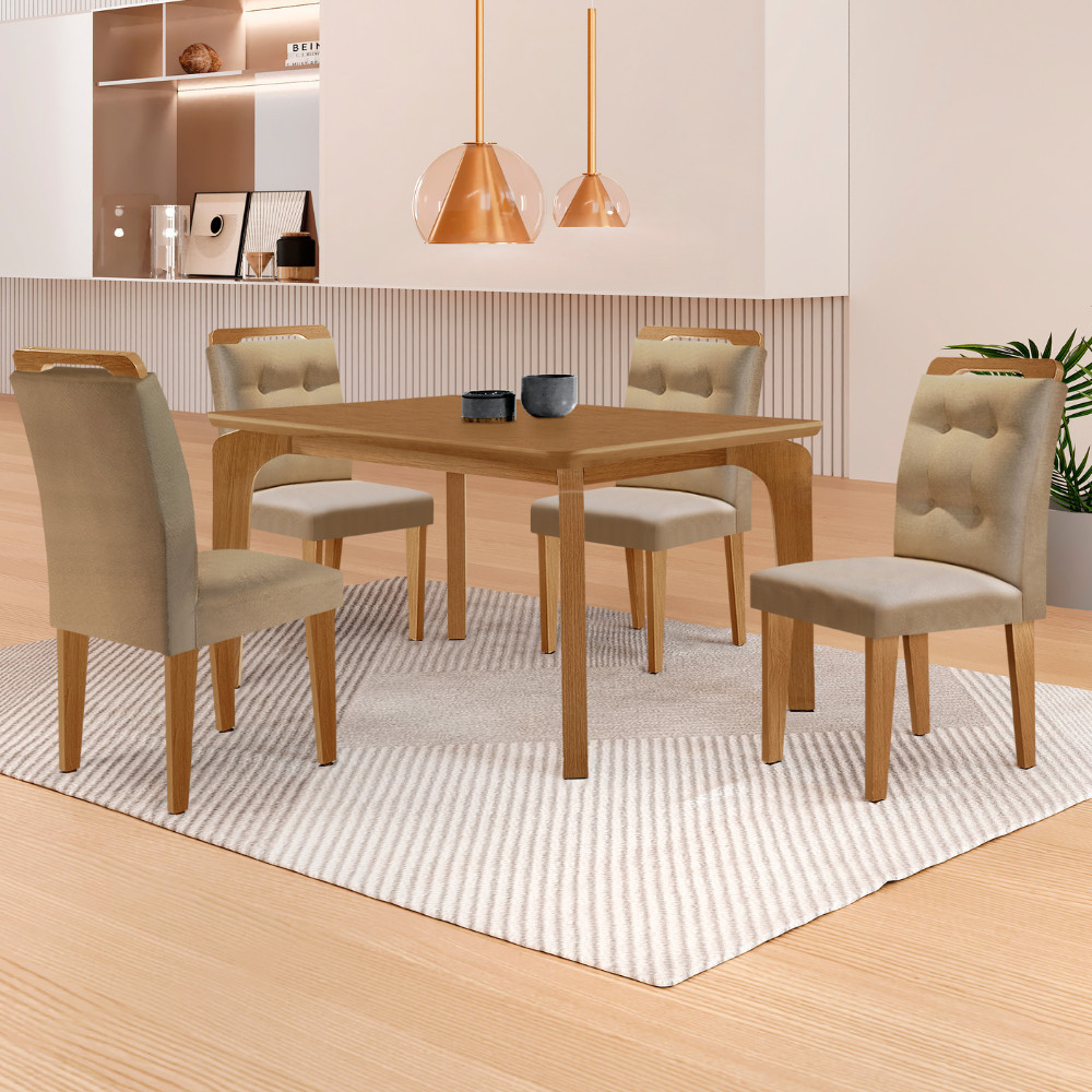 Mesa de Jantar Liz 120cm MDF Canto copo e com 4 Cadeiras Carol - Home & Living