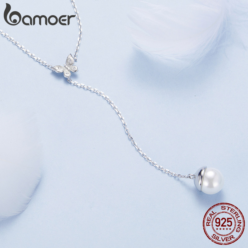 Detalhes do Bamoer 925 Sterling Sliver Colar Pérola Borboleta Design Joias Presentes Para Mulheres