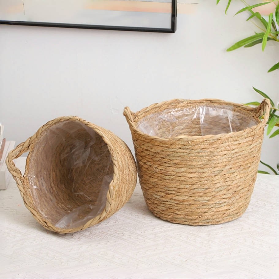 Vaso De Palha De Rattan Vaso De Flores Escritório Planta Artificial Cesta De Armazenamento Plantador De Premium