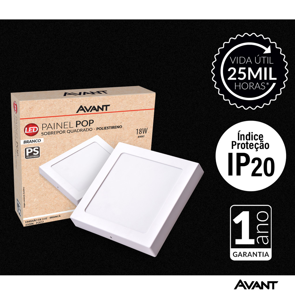 Detalhes do Painel led Plafon Pop Sobrepor 18w 6500k Branco Frio 22cm 110v/220v Bivolt Ip20 Quadrado Branco Cod:903031372 Avant
