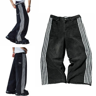 Calças De Brim Largas Harajuku Goth Y2k Jeans Para Homens Preto Listrado Novo Hip Hop Bordado Perna Larga High Street St em Oferta na Shopee