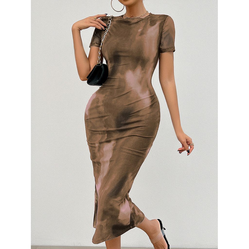 Vestido para mulher Vestido estampado Midi Pencil Robe Round Neck Casual Summer Fashion Dress