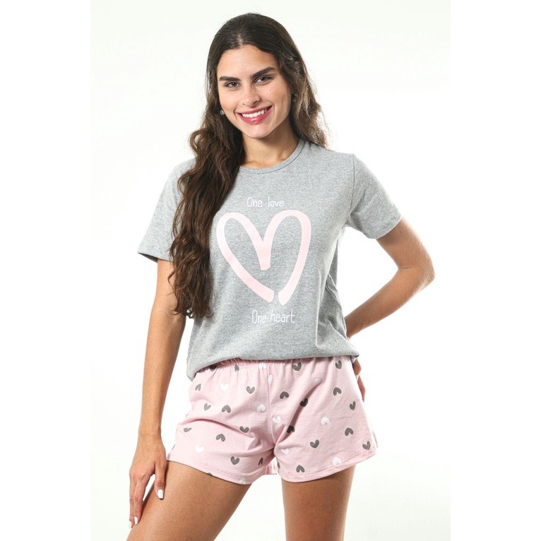 Pijama De Calor Feminino Verão Love Mescla Empório Do Algodão em Oferta na Shopee