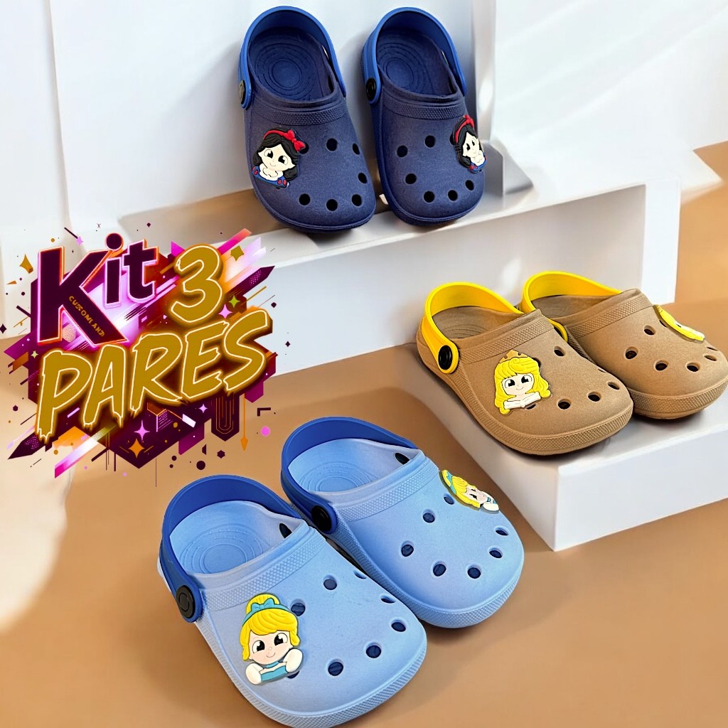 Kit 3 Pares Sandália Babuche Princesas Para Meninas