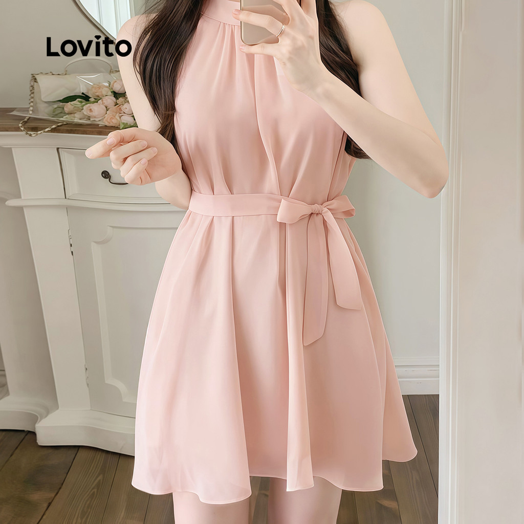 (Trendy) Lovito Vestido Casual Com Cadarço E Laço Drapeado Vestido De Verão/Primavera Para Mulheres L129AD1050 - Women Clothes