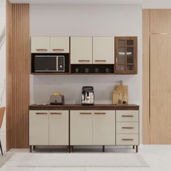Cozinha Modulada Compacta Fidelitá Lisboa 4 Peças 190cm 9 Portas 3 Gavetas Com Tampo Noce/Off-White
