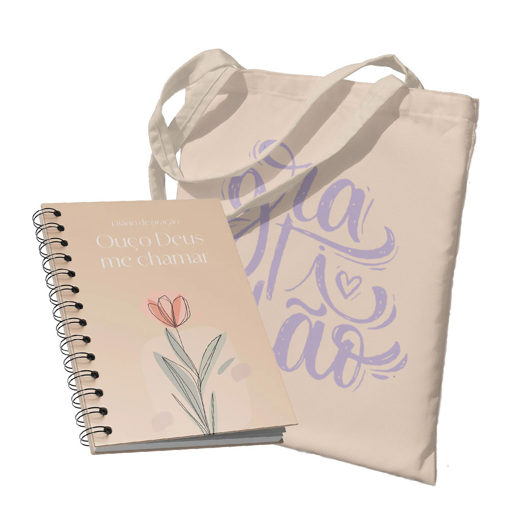 Imagem Kit Carregando a Palavra | Ecobag - Ecobag - Gratidão + Diário de Oração - Flor Aquarela Bege
