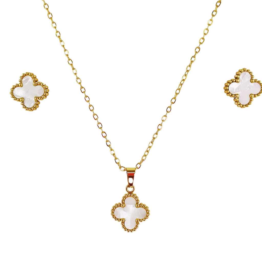 Conjunto Feminino Colar Par Brincos Aço Madre Perola