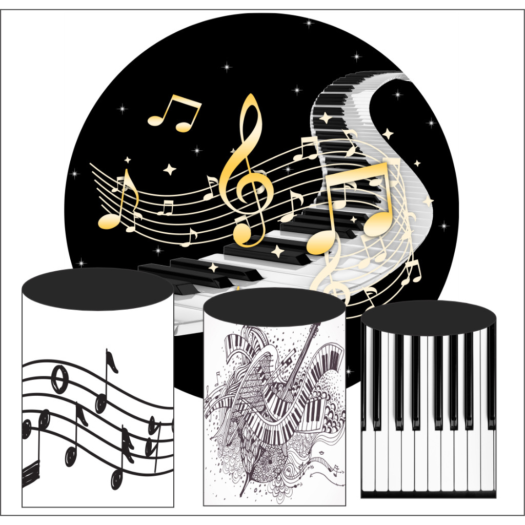 Kit Painel de Festa Tema Musica e Instrumentos - Musical 1 Painel Redondo 1,50x1,50  + 3 Capas de Cilindro